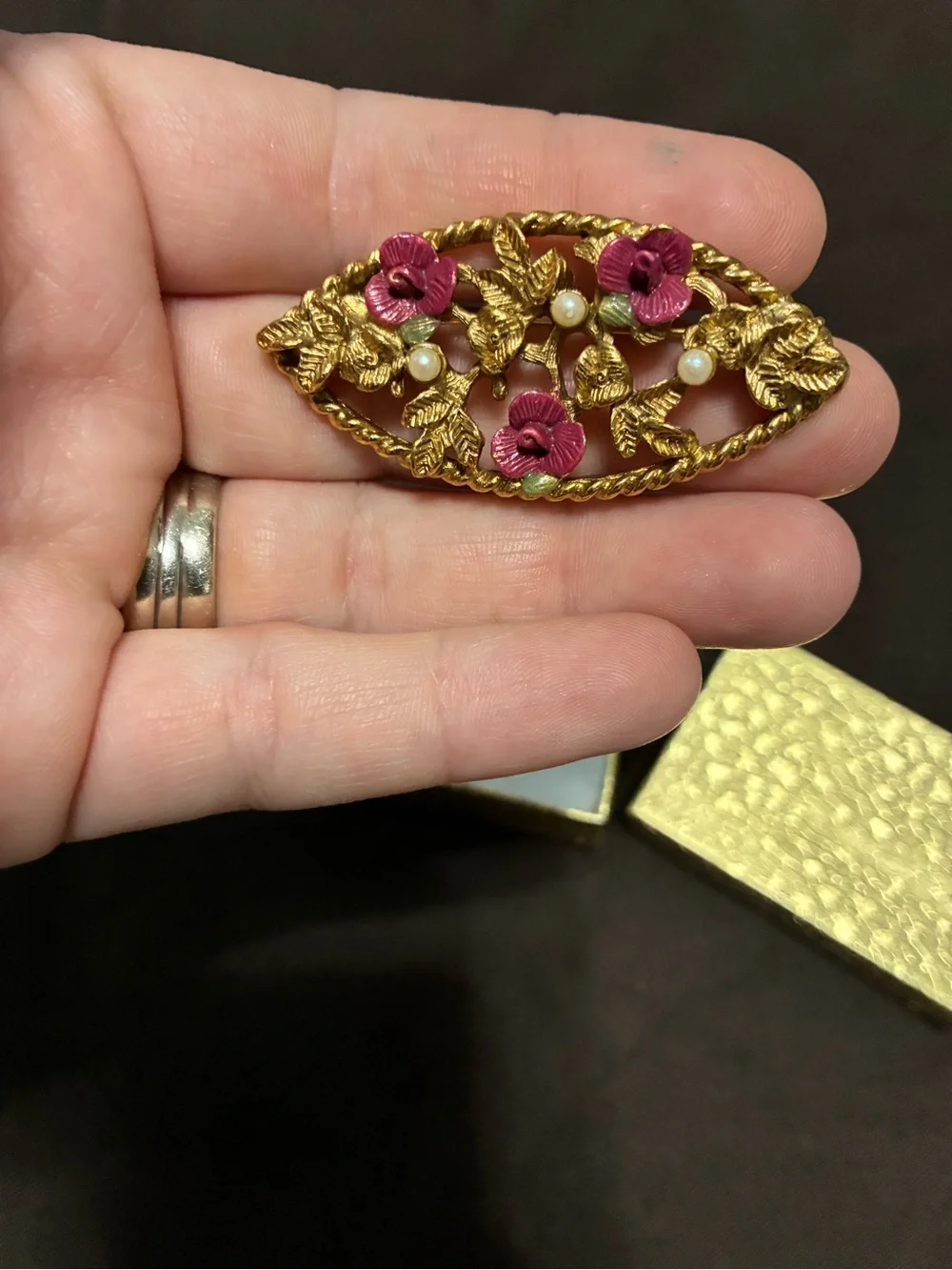 Vintage Gold Floral Rhinestone Brooch with Pink Flowers